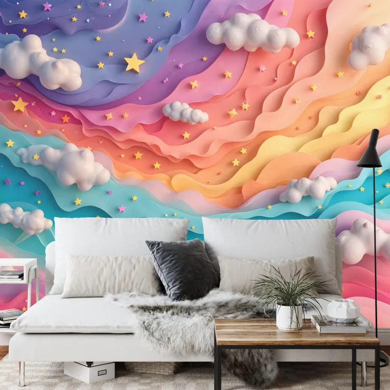Rainbow Cloud Nursery Wallpaper Mural, Pastel Home Decor