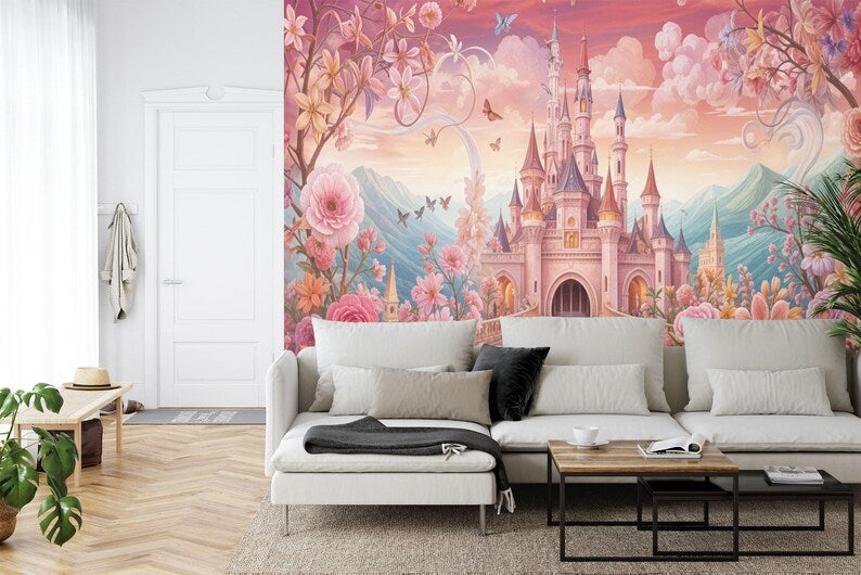 Pink Princess Castle Wallpaper Mural, Girls' Room Decor