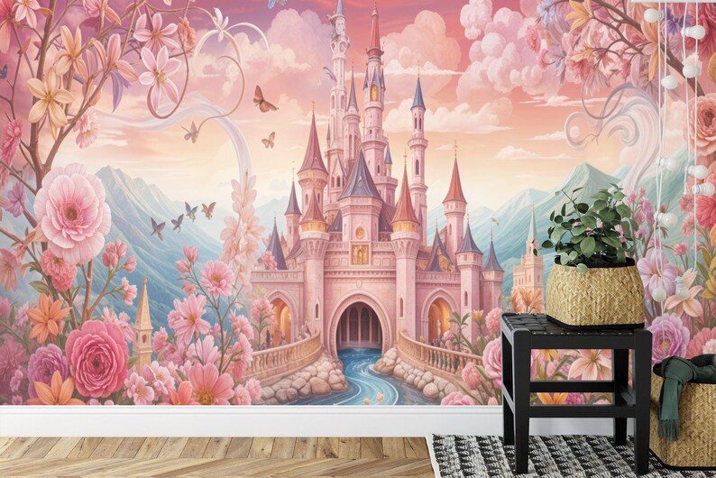 Pink Princess Castle Wallpaper Mural, Girls' Room Decor