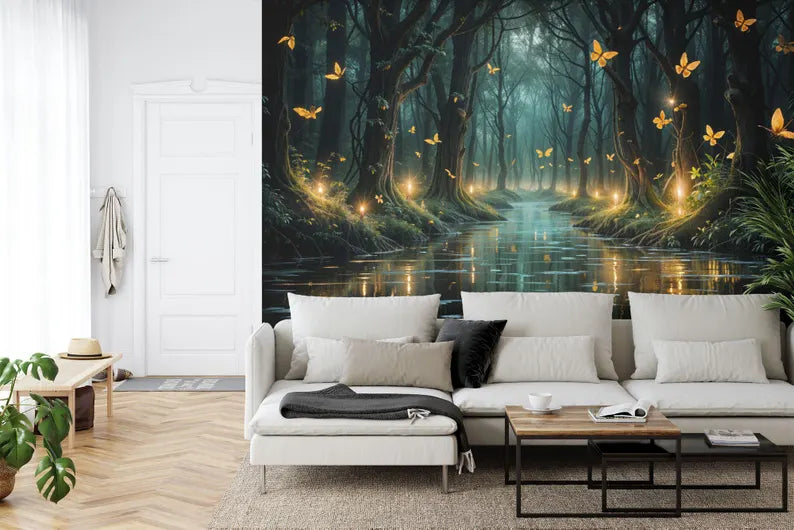 Enchanted Forest Wallpaper Mural, Butterfly Flowers