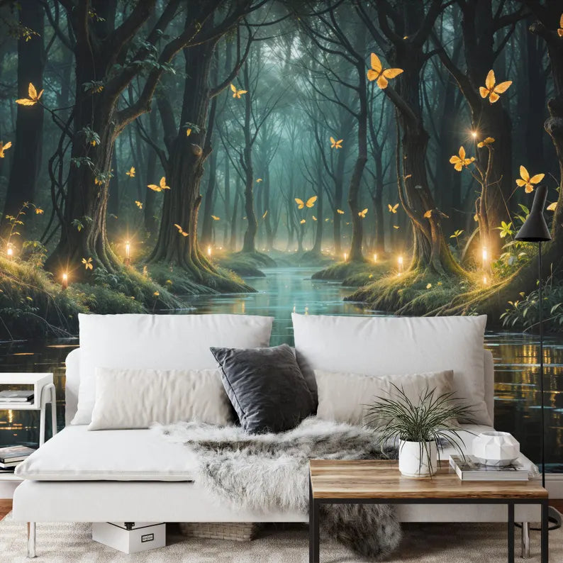 Enchanted Forest Wallpaper Mural, Butterfly Flowers