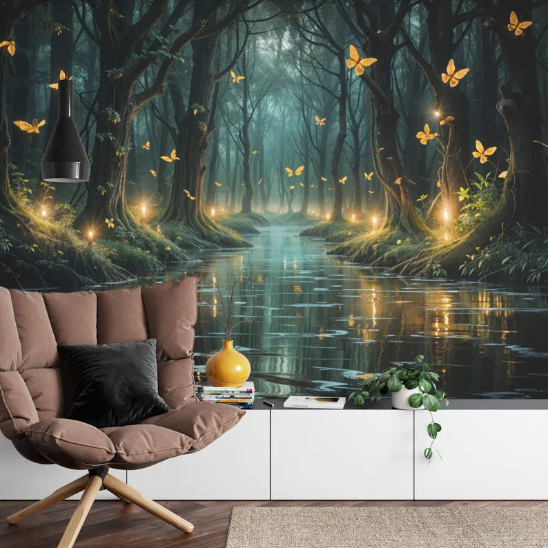 Enchanted Forest Wallpaper Mural, Butterfly Flowers