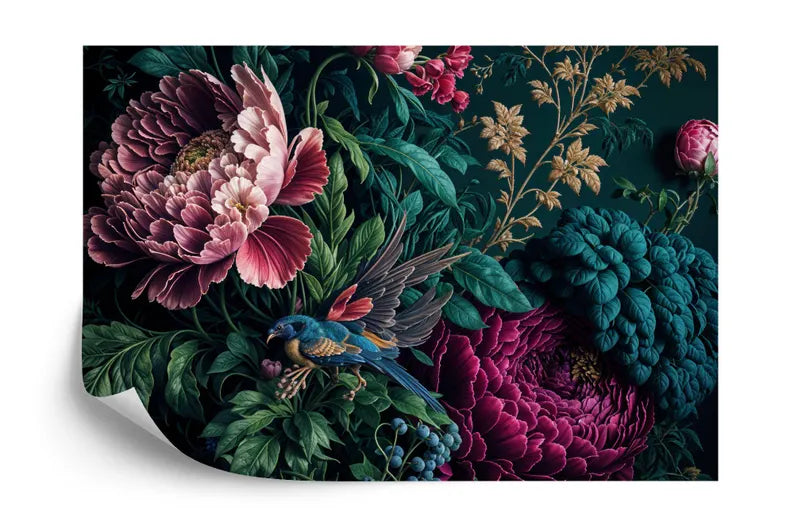 Baroque Peony Wallpaper Mural detail highlighting vintage-inspired peony blooms and decorative elements