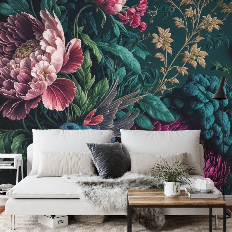Baroque Peony Wallpaper Mural in bedroom interior showcasing peel and stick installation