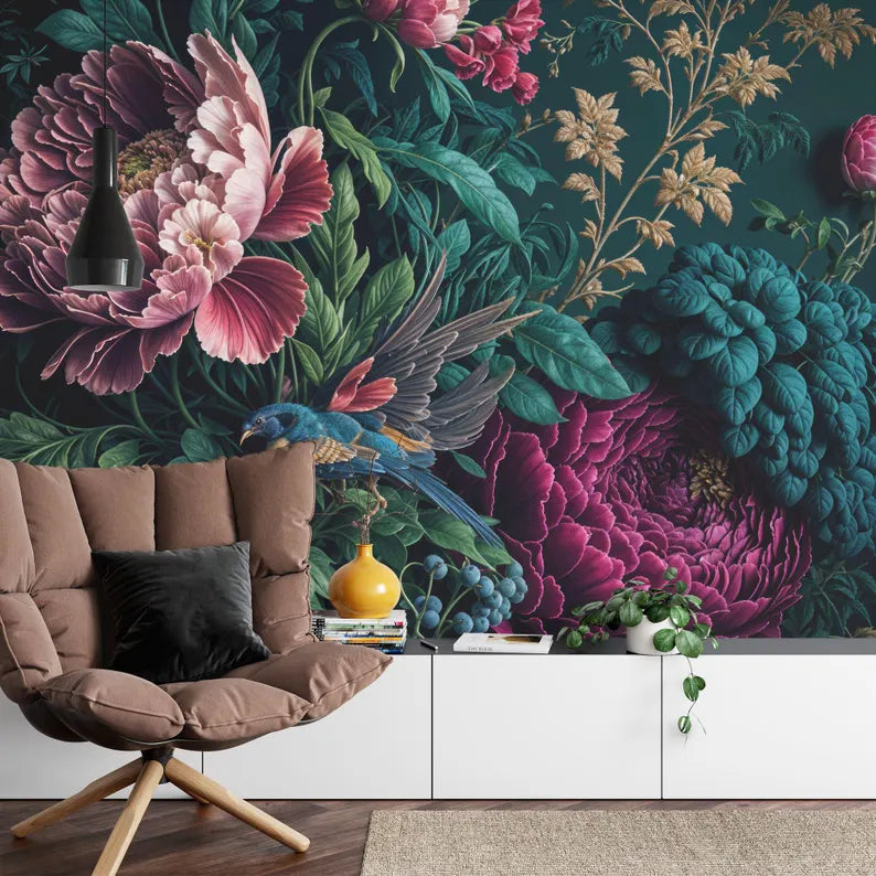 Full wall view of Baroque Peony Wallpaper Mural with ornate floral design and rich color palette