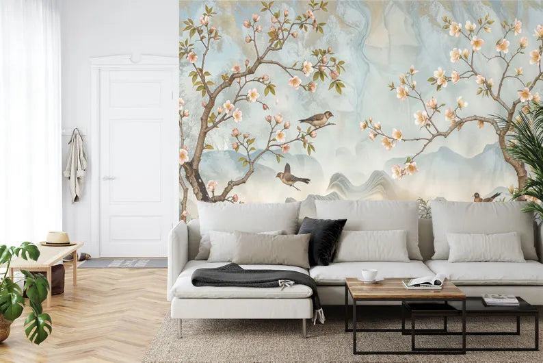 Vintage Chinoiserie Bird and Tree Mural