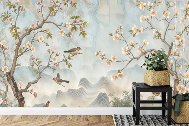Vintage Chinoiserie Bird and Tree Mural