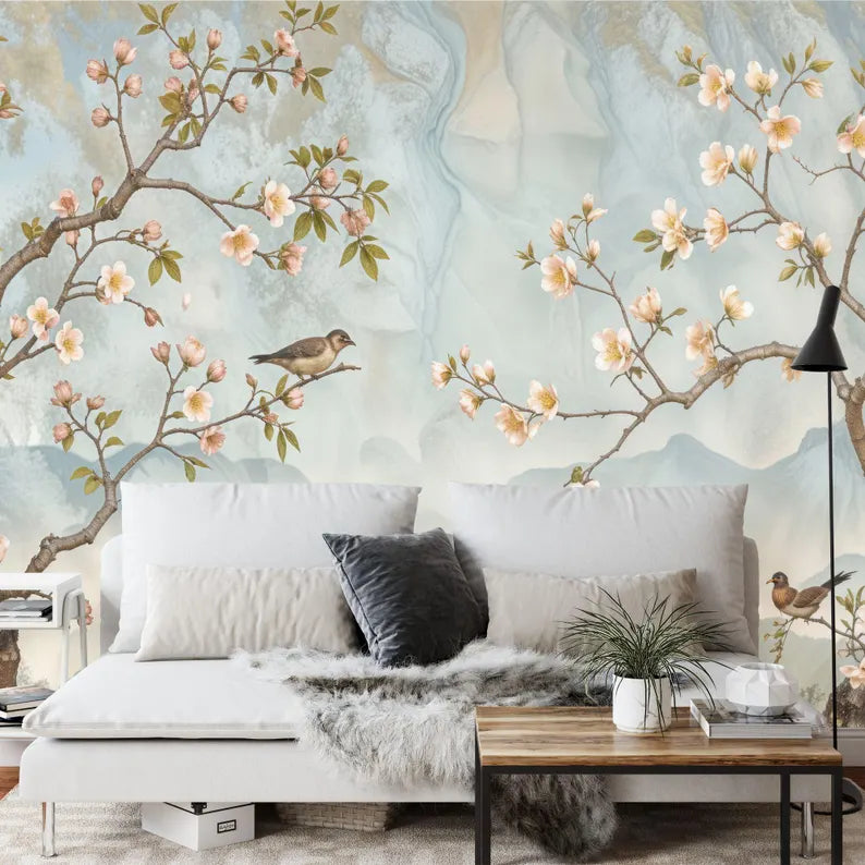 Vintage Chinoiserie Bird and Tree Mural