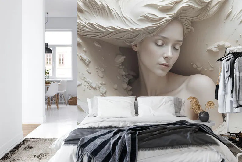 3D Illusion Woman Face Mural, Realistic Art Wallpaper