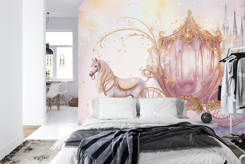 Fairy Princess Pink Carriage Wallpaper Mural, Girls Room