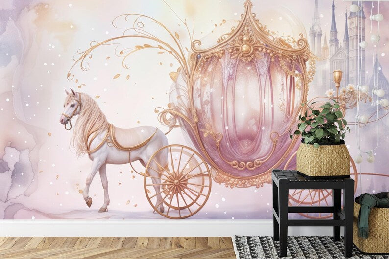 Fairy Princess Pink Carriage Wallpaper Mural, Girls Room