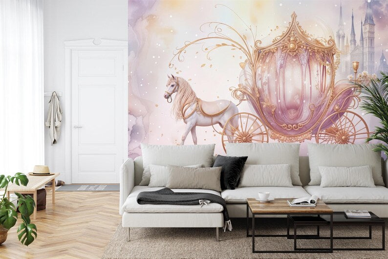 Fairy Princess Pink Carriage Wallpaper Mural, Girls Room