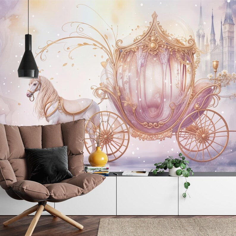 Fairy Princess Pink Carriage Wallpaper Mural, Girls Room