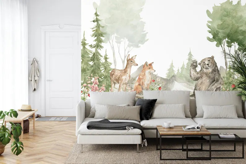 Watercolor Forest Animal Wallpaper Mural Art Print