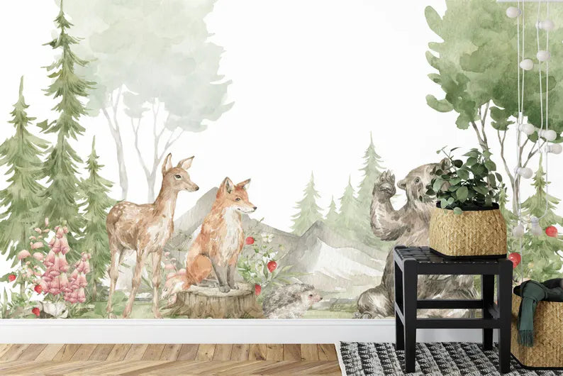 Watercolor Forest Animal Wallpaper Mural Art Print