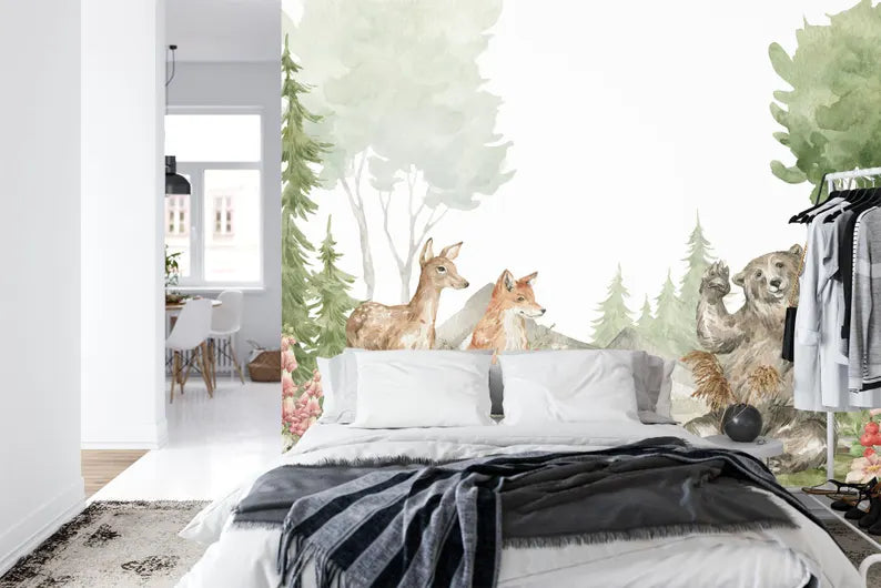 Watercolor Forest Animal Wallpaper Mural Art Print