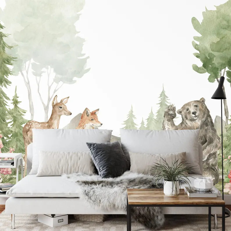 Watercolor Forest Animal Wallpaper Mural Art Print