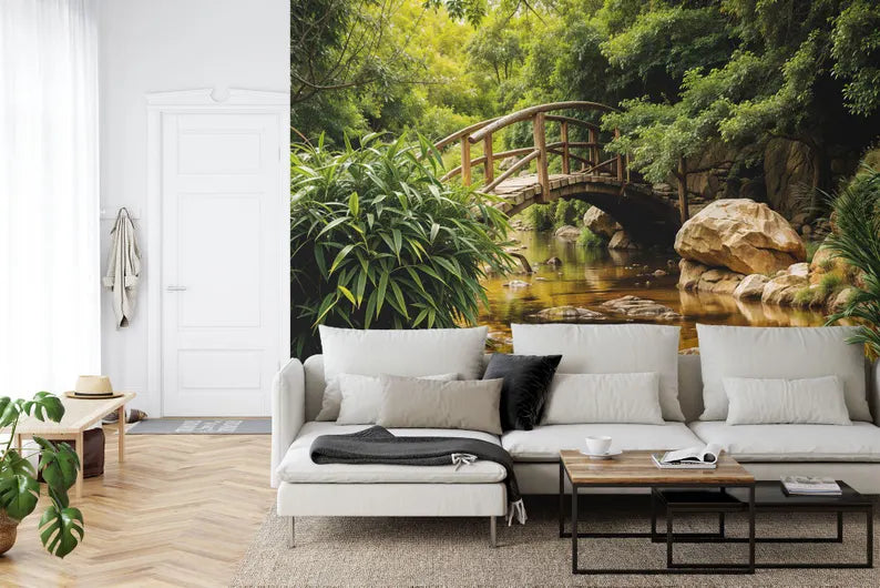 Japanese Garden Bridge Mural, Texas River Scene Wallpaper