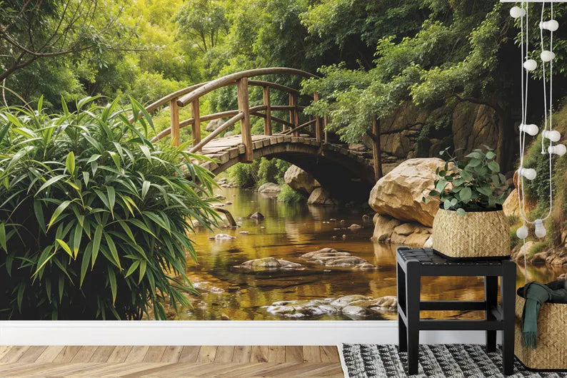 Japanese Garden Bridge Mural, Texas River Scene Wallpaper
