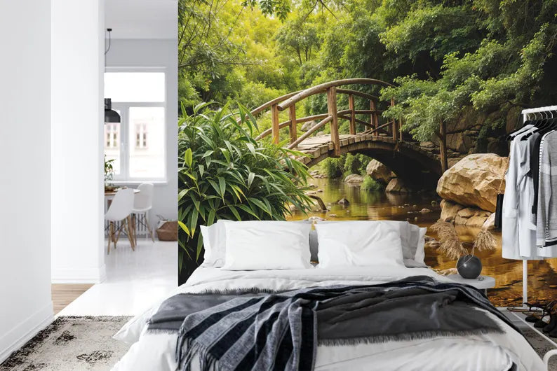 Japanese Garden Bridge Mural, Texas River Scene Wallpaper