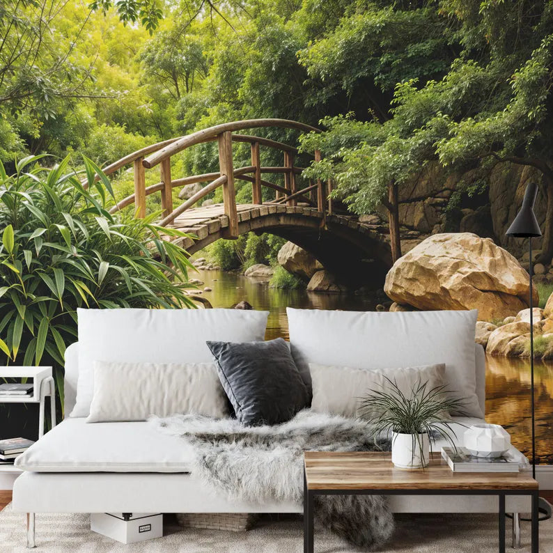 Japanese Garden Bridge Mural, Texas River Scene Wallpaper