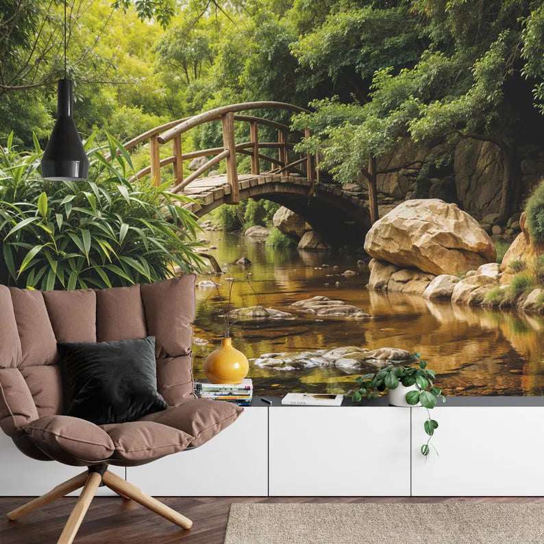 Japanese Garden Bridge Mural, Texas River Scene Wallpaper