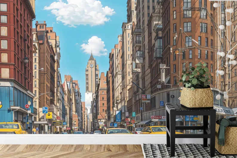 New York City Street Drawing Wallpaper Mural, Yellow Taxi