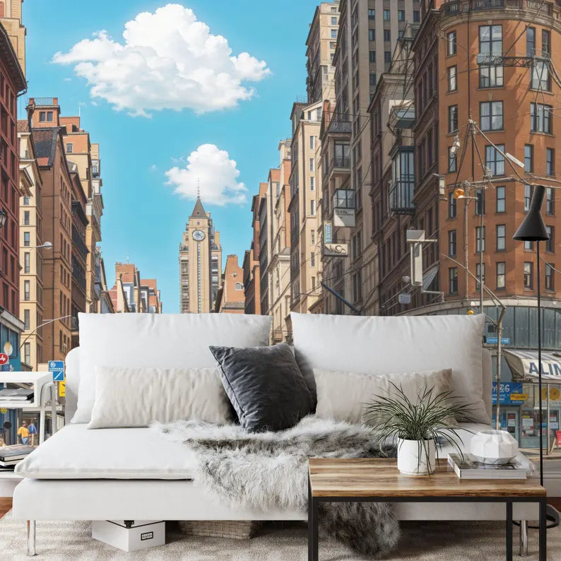 New York City Street Drawing Wallpaper Mural, Yellow Taxi
