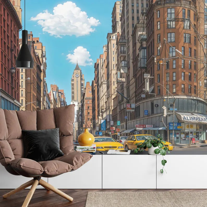New York City Street Drawing Wallpaper Mural, Yellow Taxi