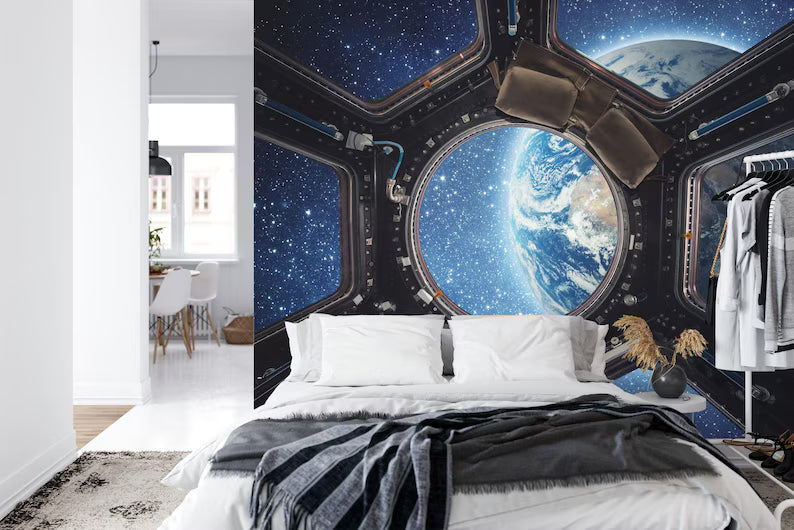 3D Earth View Wallpaper Mural, Spaceship Window Gift