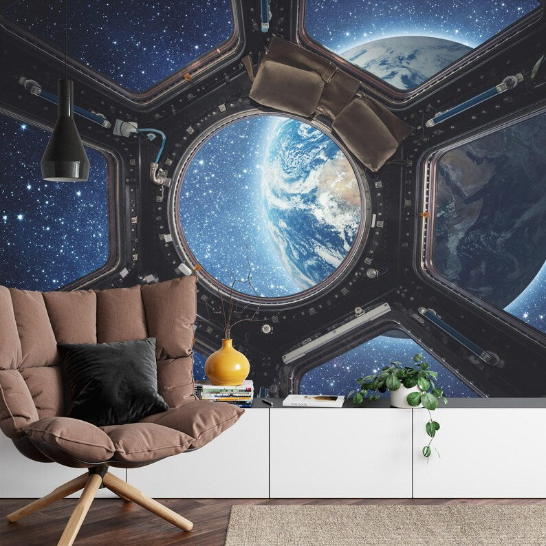 3D Earth View Wallpaper Mural, Spaceship Window Gift