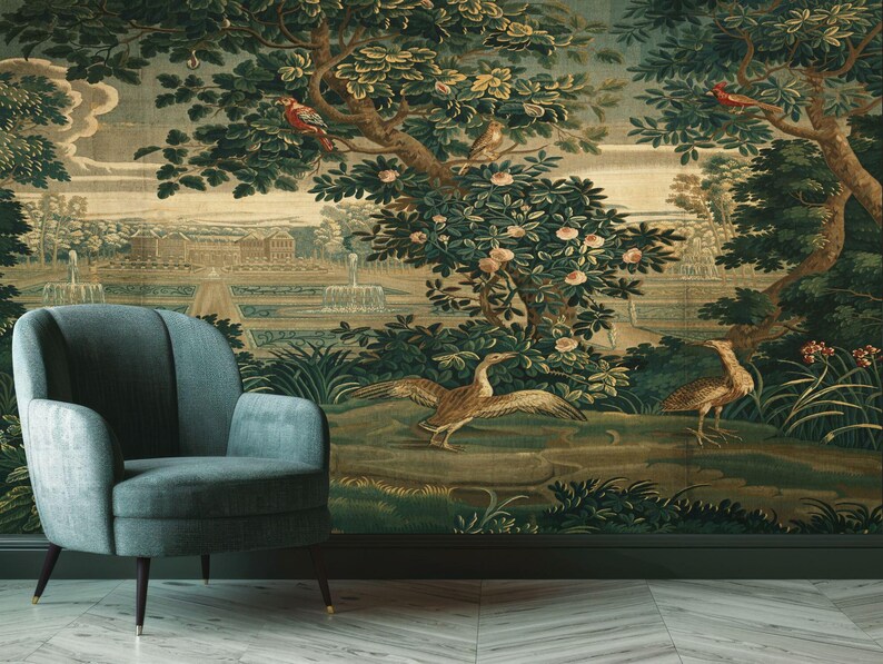 Detailed view of classic landscape wallpaper mural with rich natural tones and textures
