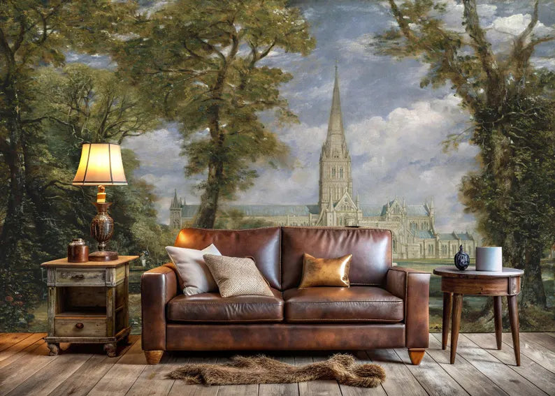 Detailed view of classic landscape wallpaper mural with artistic painting style for living room or bedroom
