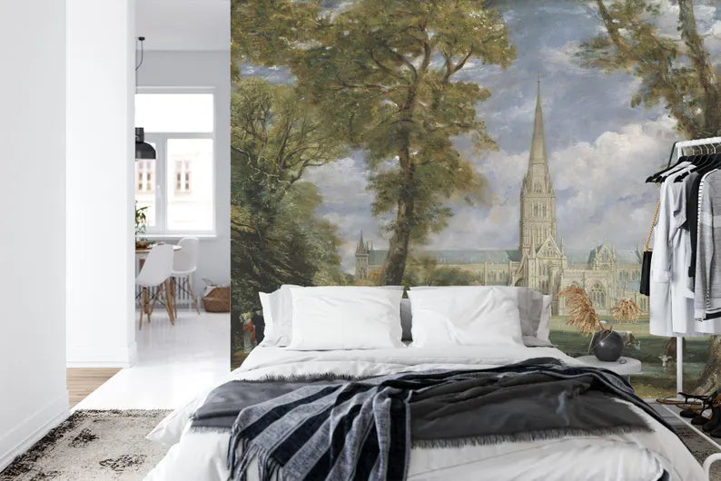 Classic landscape wallpaper mural installation example showing full wall coverage and scenic artwork
