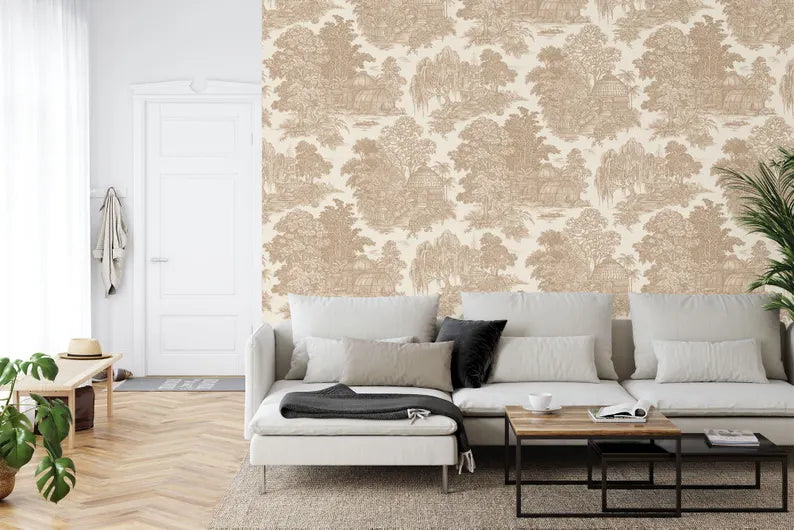 Chinoiserie wallpaper detail showing oriental village scene with traditional architecture and natural elements
