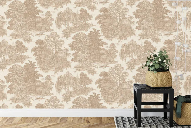 Asian-inspired vintage wallpaper mural with pagoda village and scenic mountain landscape
