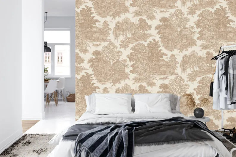 Traditional chinoiserie wall mural depicting serene village with pagodas and oriental garden elements
