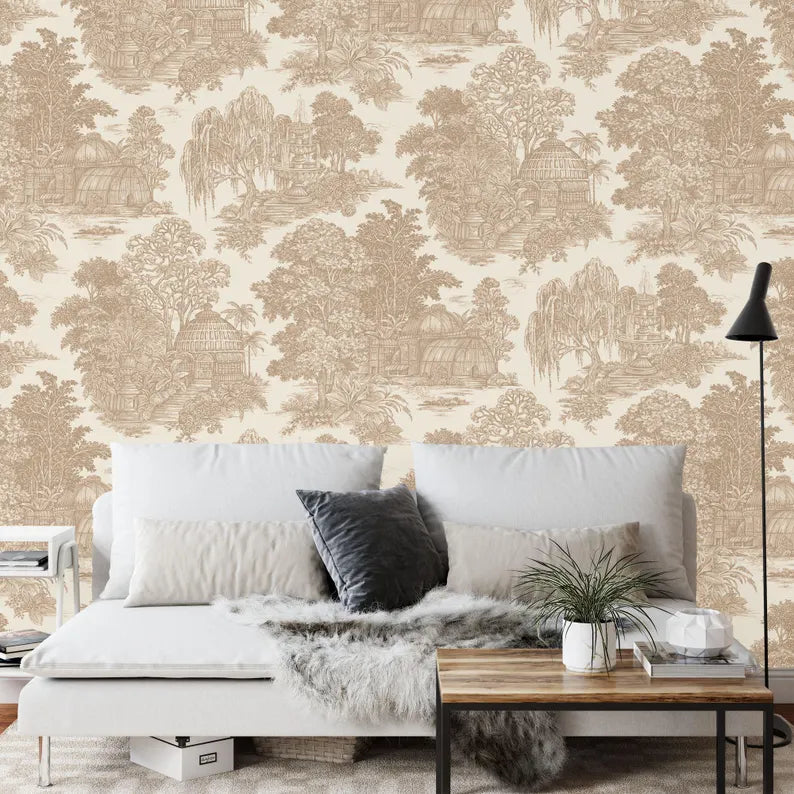 Vintage oriental wallpaper featuring chinoiserie village scene with traditional buildings and nature
