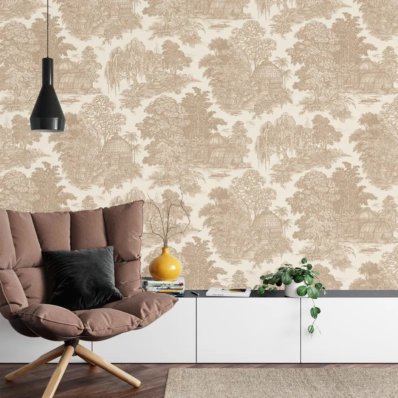 Chinoiserie wallpaper mural showcasing Asian village landscape with pagodas and mountain backdrop
