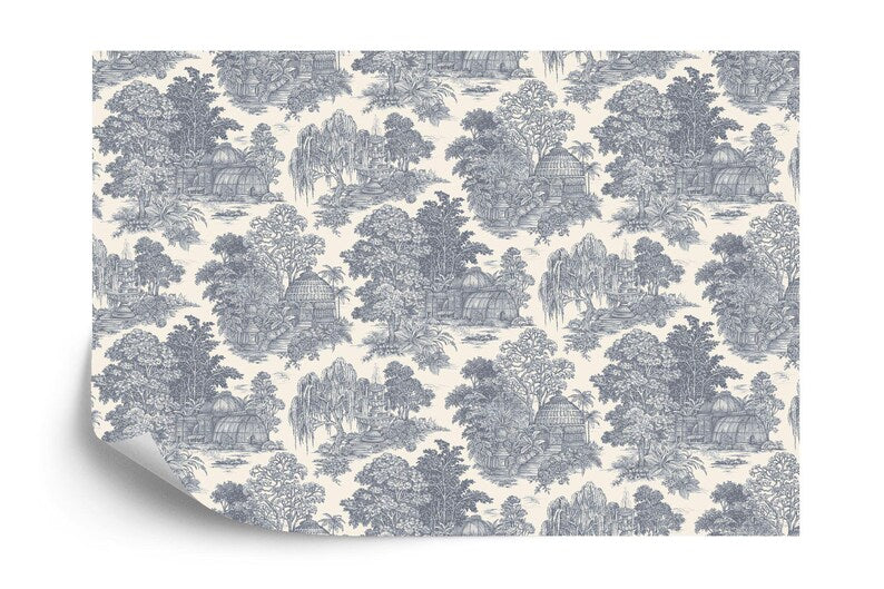 Classic Chinoiserie village mural wallpaper with oriental architecture and scenic mountain landscape in muted color palette
