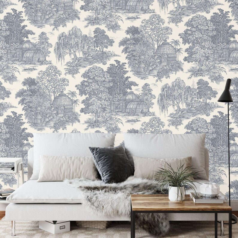 Vintage Asian landscape wallpaper mural with detailed village buildings, trees, and mountains in classic Chinoiserie style
