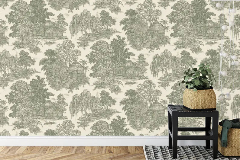 Chinoiserie wall mural with oriental landscape design featuring willow trees and traditional Asian buildings
