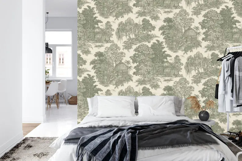 Vintage Asian-inspired wallpaper mural with scenic village and nature motifs in soft neutral palette
