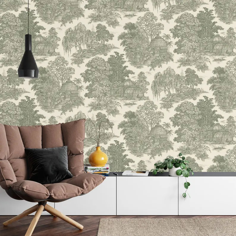 Peel and stick chinoiserie wallpaper mural showing vintage oriental landscape with architectural details
