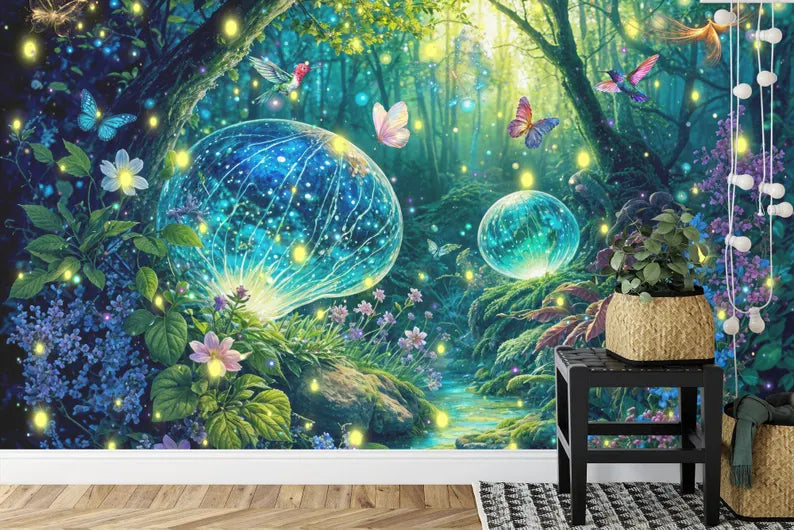 Enchanted Forest Wallpaper Mural, Butterflies, Flowers
