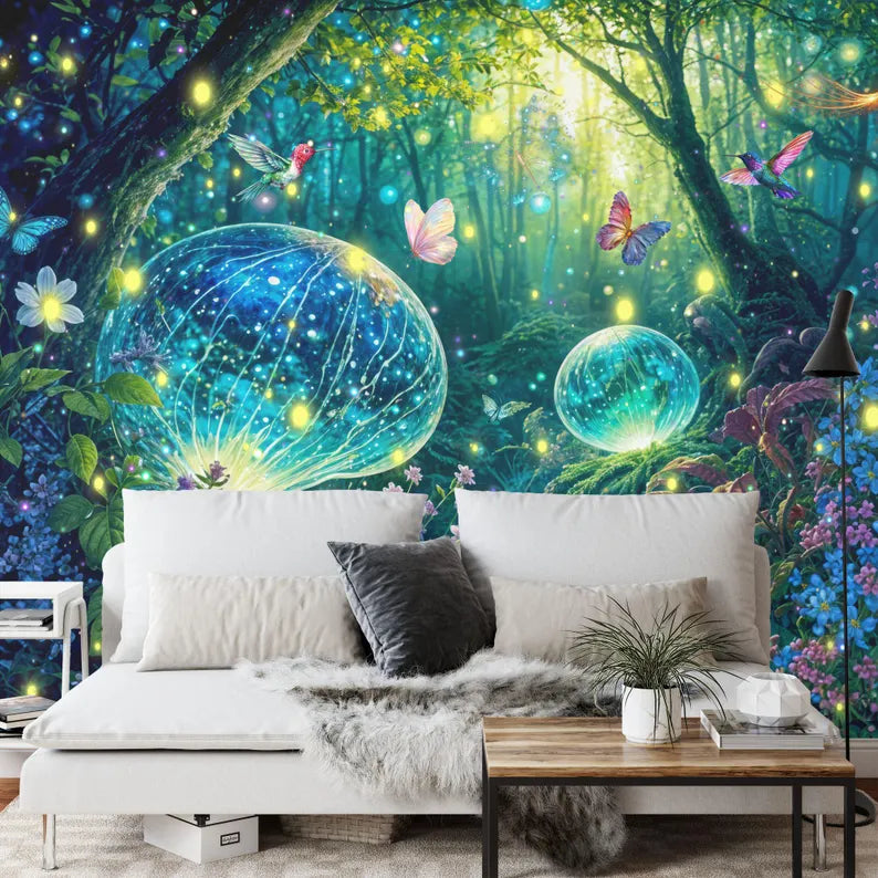 Enchanted Forest Wallpaper Mural, Butterflies, Flowers