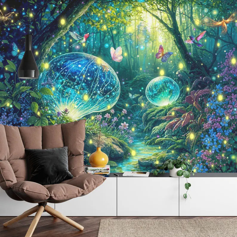 Enchanted Forest Wallpaper Mural, Butterflies, Flowers
