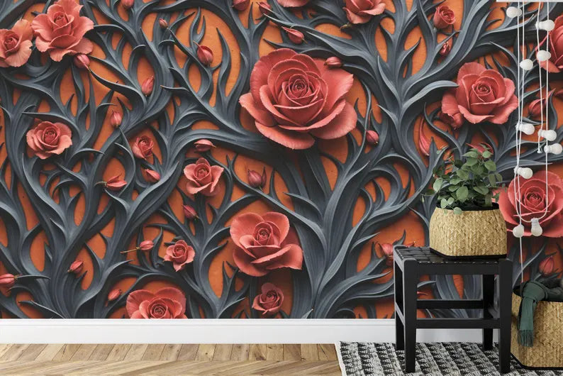 Red Peonies Baroque Floral Wallpaper Mural Gift