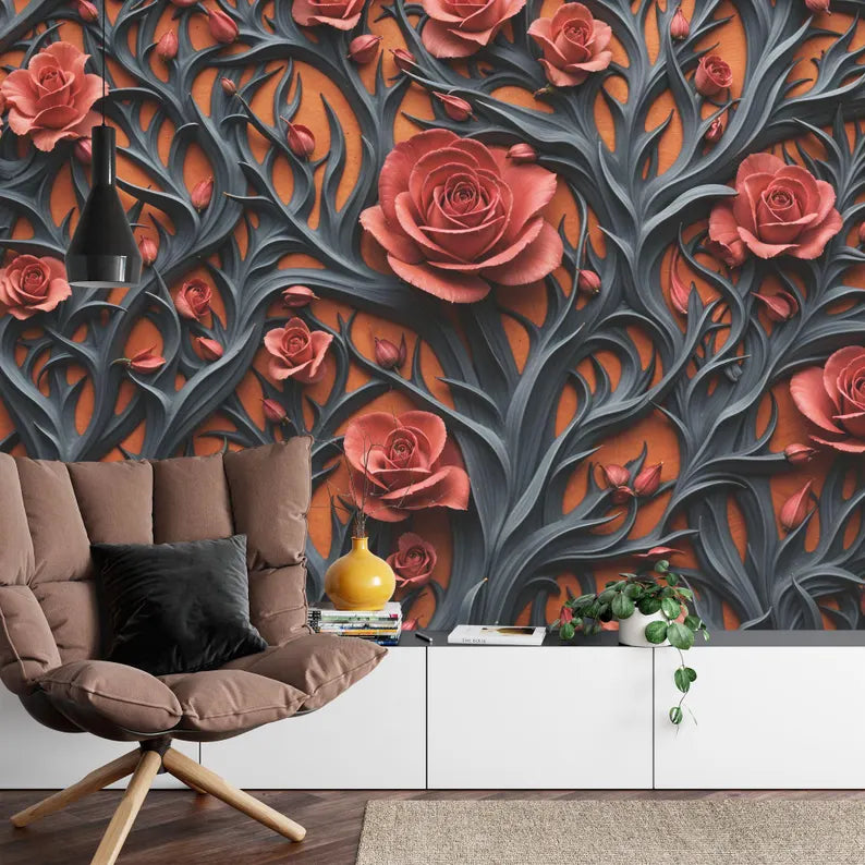 Red Peonies Baroque Floral Wallpaper Mural Gift