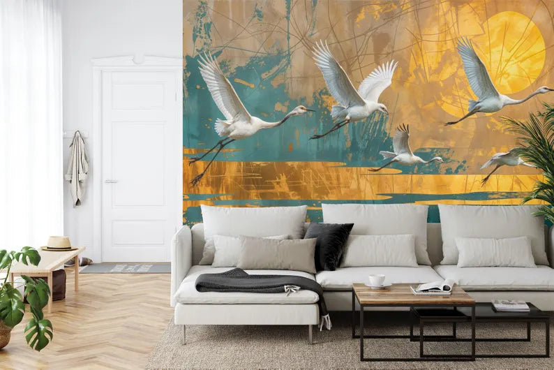 Vintage Chinoiserie Crane Art Print Wallpaper Mural